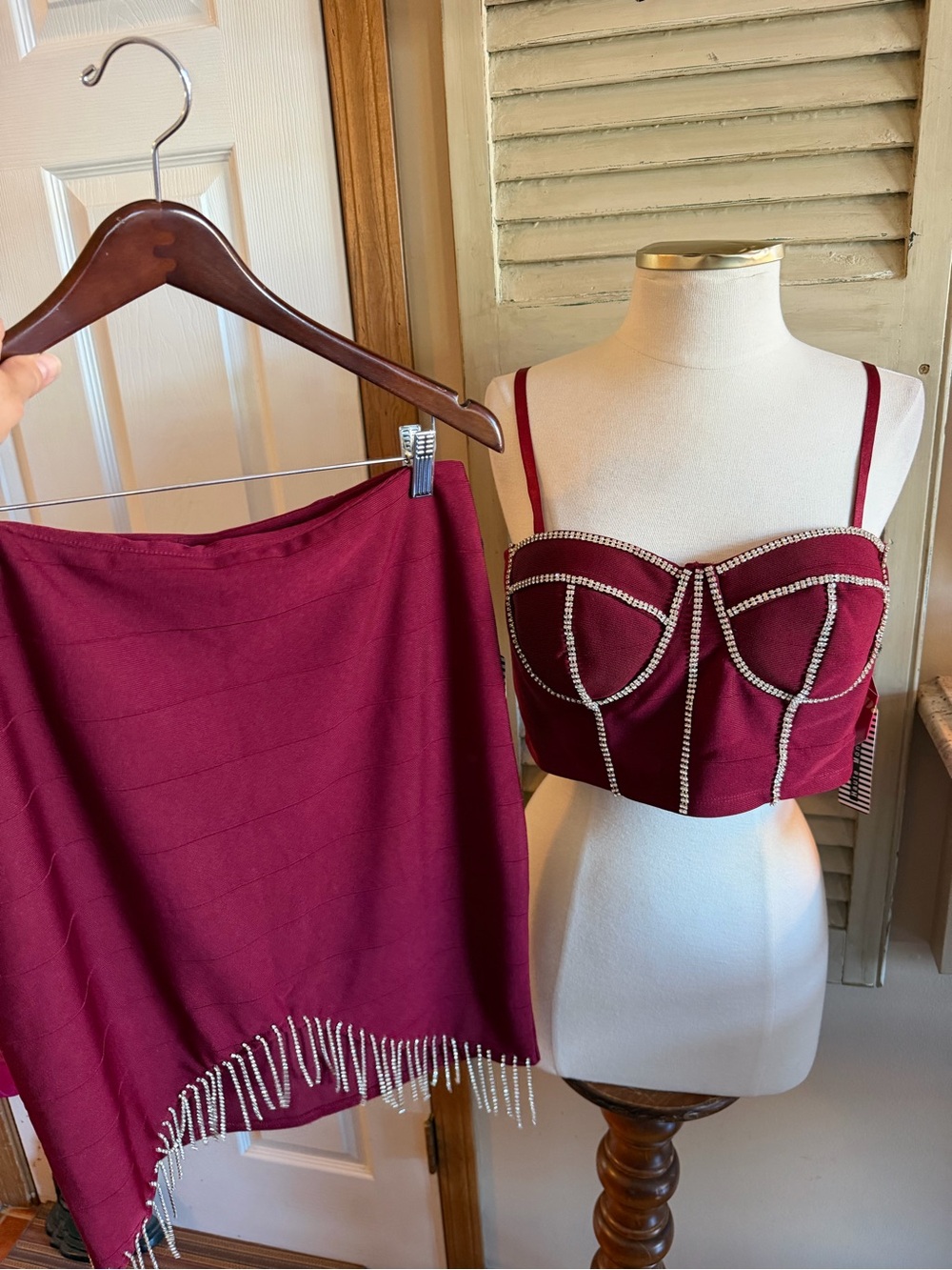 Beautiful Wine Red Rhinestone Trim Bustier Crop Top & Skirt Set